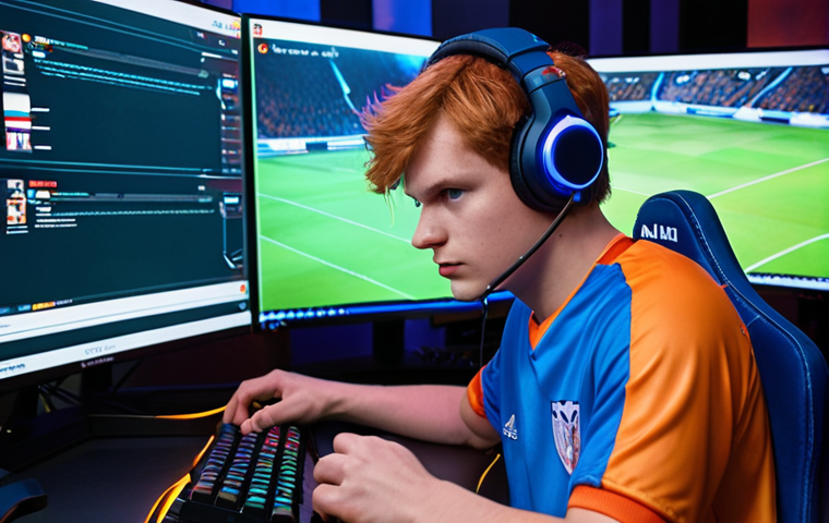**
A League of Legends player intensely focused on their monitor, illuminated by the game's glow. In the background, subtle hints of AI bot training: perhaps a data overlay or a simplified map showcasing bot movements. The player is wearing a gaming headset and a Dutch national team jersey, subtly blending the competitive spirit of LoL with Dutch pride. Capture the determination and analytical focus of a player using AI tools to improve.
**