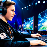 A highly focused professional esports player, gender-neutral, demonstrating peak performance under immense pressure. Dressed in a modern, modest team jersey with appropriate professional gaming attire. Seated at a high-tech gaming station on a brightly lit main stage of a grand esports arena during a League of Legends World Championship final. The background features a large, blurred screen displaying a vibrant in-game scene and the subtle, out-of-focus lights of a large, excited audience. Natural pose, hands on keyboard and mouse, exuding intense concentration and calm determination. Professional photography, cinematic lighting, high detail, realistic, vibrant colors, clean sharp focus, safe for work, appropriate content, fully clothed, professional dress, perfect anatomy, correct proportions, natural pose, well-formed hands, proper finger count, natural body proportions.