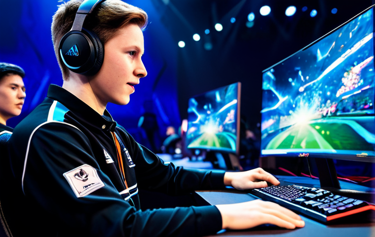 A highly focused professional esports player, gender-neutral, demonstrating peak performance under immense pressure. Dressed in a modern, modest team jersey with appropriate professional gaming attire. Seated at a high-tech gaming station on a brightly lit main stage of a grand esports arena during a League of Legends World Championship final. The background features a large, blurred screen displaying a vibrant in-game scene and the subtle, out-of-focus lights of a large, excited audience. Natural pose, hands on keyboard and mouse, exuding intense concentration and calm determination. Professional photography, cinematic lighting, high detail, realistic, vibrant colors, clean sharp focus, safe for work, appropriate content, fully clothed, professional dress, perfect anatomy, correct proportions, natural pose, well-formed hands, proper finger count, natural body proportions.